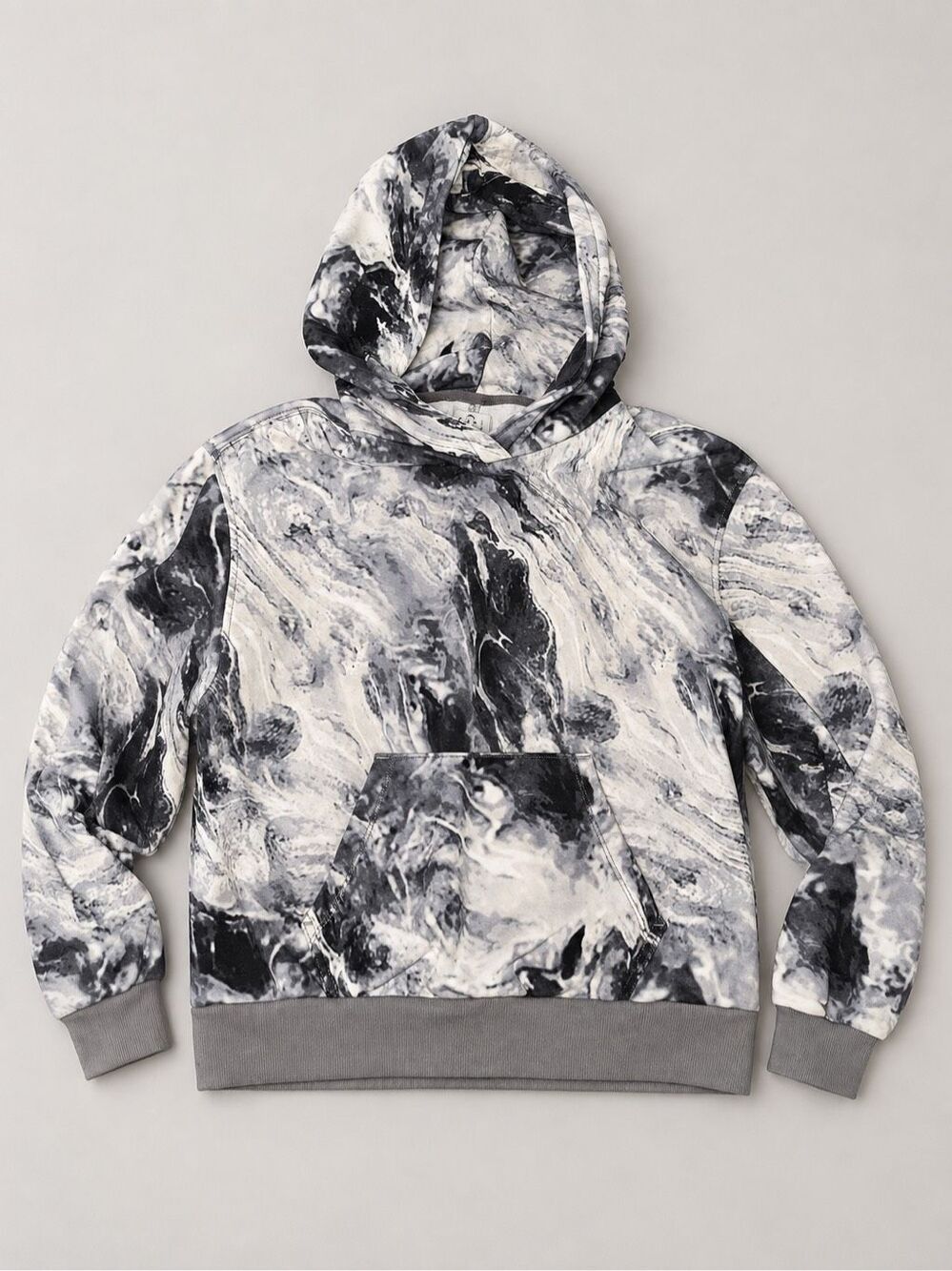 Cozi Women’s L Black Gray Marble Print Pullover Hoodie Kangaroo Pocket